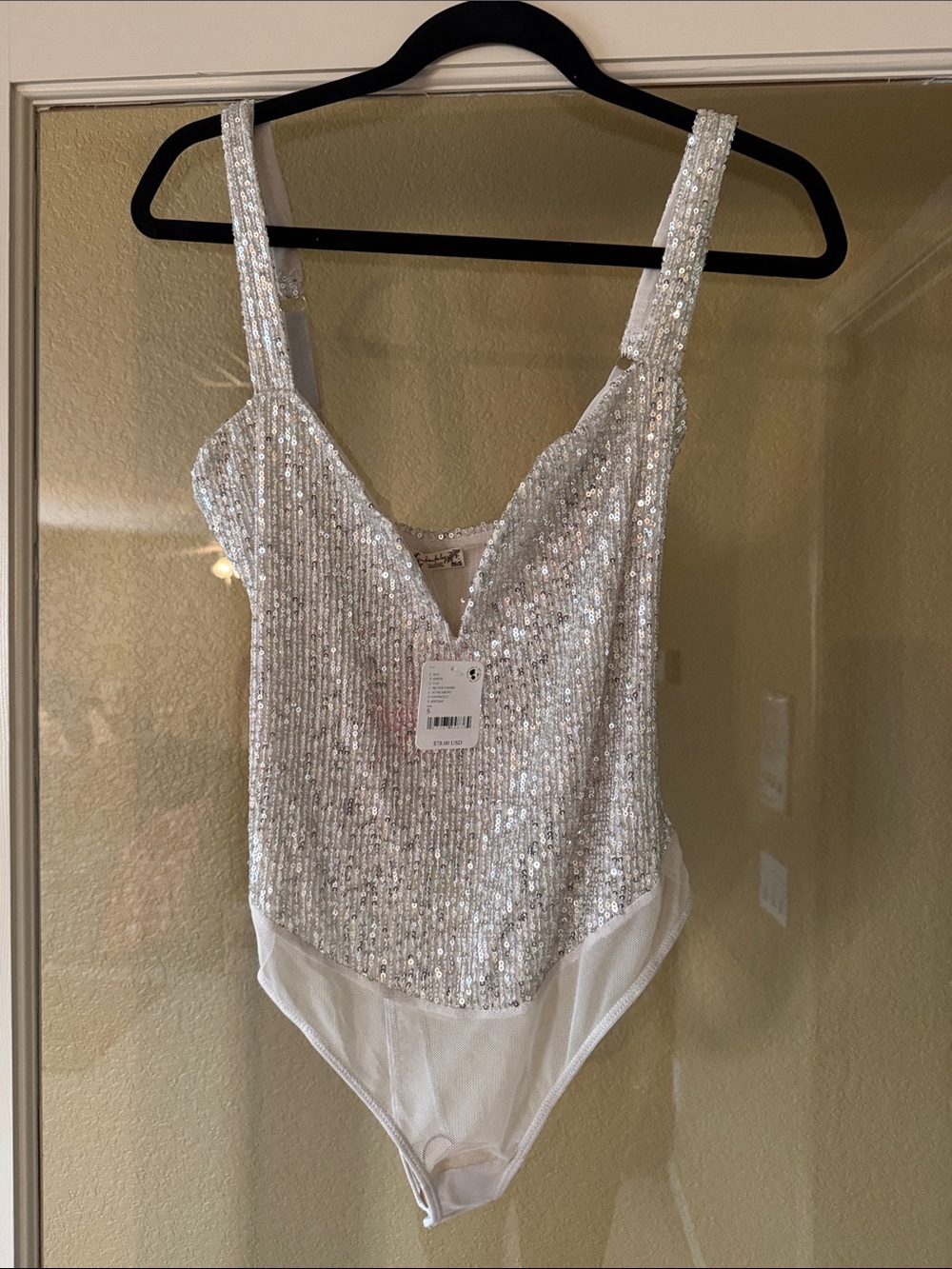 Free People White Sequin V-Neck Bandeau Bodysuit Small